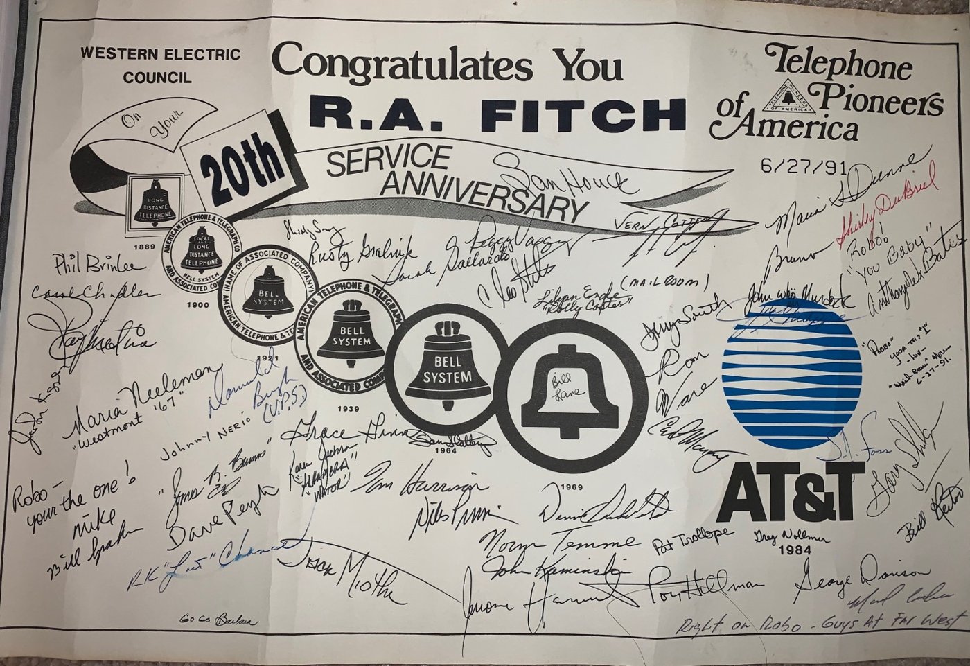 Western Electric 20th service anniversary card addressed to R.A. Fitch
